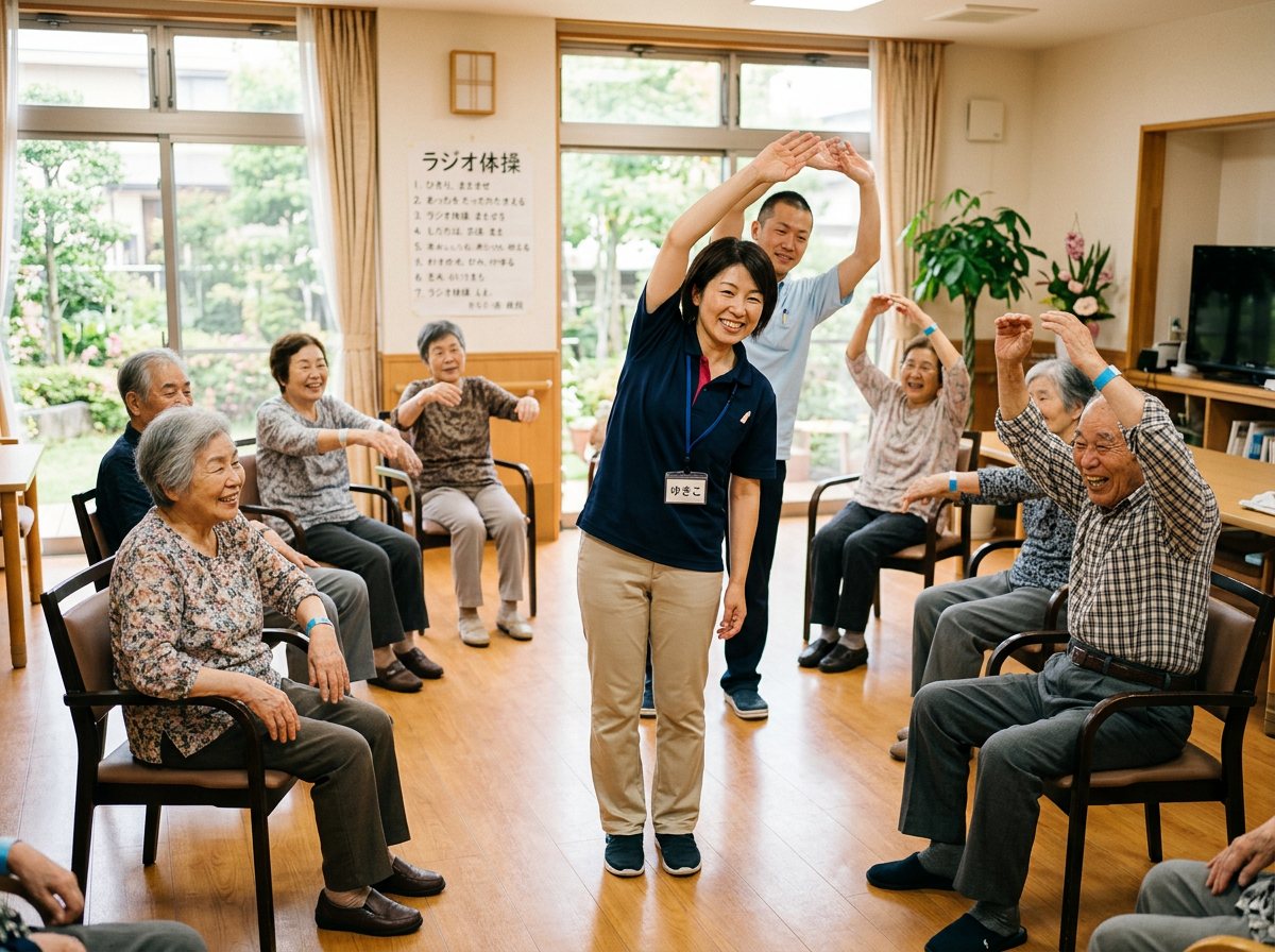 午後の体操。スタッフのほうが本気