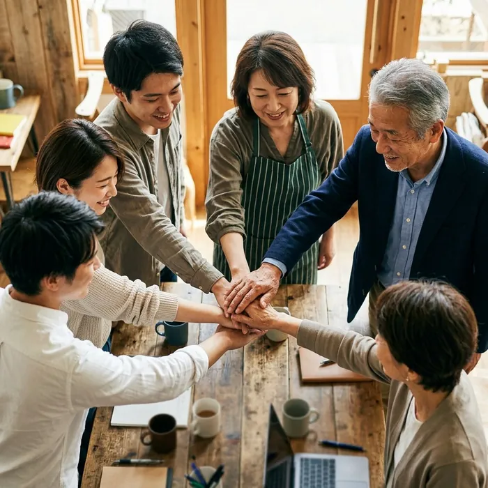 働く人たちが手を重ねている様子